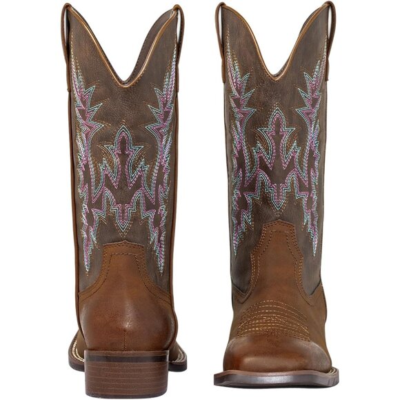 SheSole Western Boots Women Dark Brown Tan Faux Leather Square Toe Wide Mid Calf - Picture 2 of 9